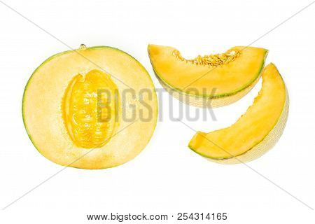 Group Of One Half Two Slices Of Fresh Melon Cantaloupe Variety Without Seeds Flatlay Isolated On Whi