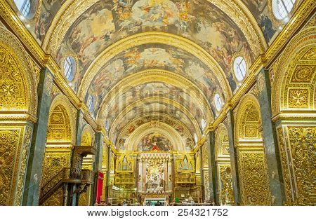 Valletta, Malta - February 5, 2017: The Golden Decorations Of The Nave Of St John Cathedral