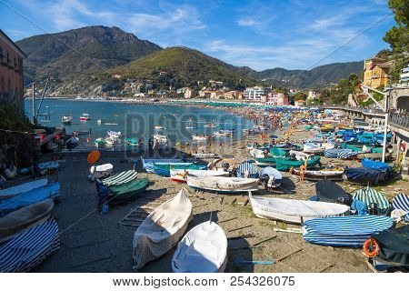 Levanto, Italy, August 15, 2017 - Landscape Of Levanto, La  Spezia Province Near 5 Terre, The Beach 