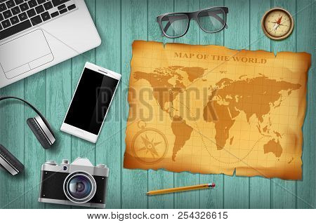Green Wooden Table With Technology Devices And Retro Map. Travel Background. Stock Vector Illustrati