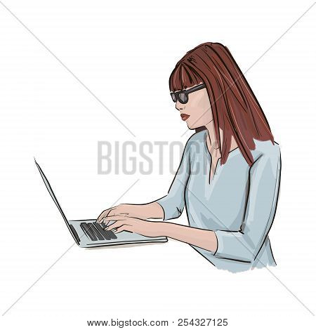Woman Working On Computer Illustration.business Girl In Office Workspace Sketch. Young Woman  Freela
