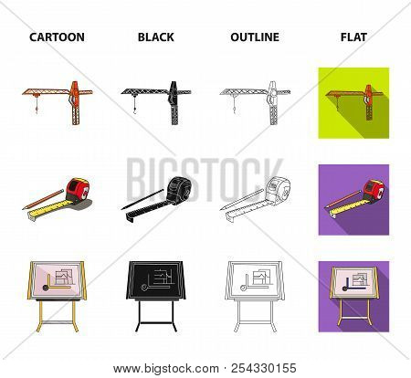 Construction Crane, Measuring Tape Measure, Drawing Board, Computer. Architecture Set Collection Ico