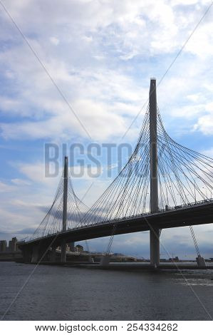 Zsd Cable-stayed Bridge Above Neva River. Saint-petersburg Architecture.