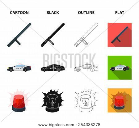 Police Baton, Auto, Flasher, Glasses.police Set Collection Icons In Cartoon, Black, Outline, Flat St