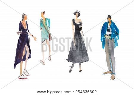 Different Types Of Walking People Watercolor Illustration Quick Sketch Drawing.