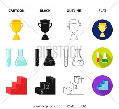 A Cup, Test Tubes With A Reagent, A Pedestal, A Man Head With A Brain. School Set Collection Icons I
