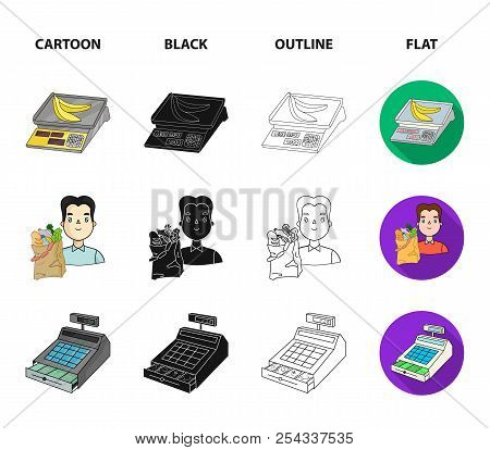 Package, Scales, Banana, Fruit .supermarket Set Collection Icons In Cartoon, Black, Outline, Flat St