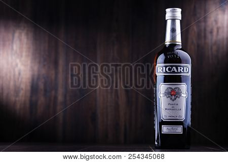 Poznan, Pol - Aug 8, 2018: Bottle Of Ricard, A Pastis, An Anise And Licorice-flavored Aperitif, Crea