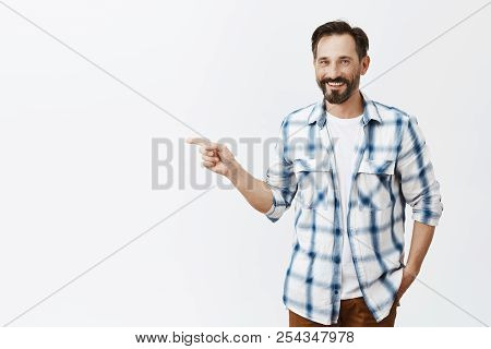 Have You Met My Brother. Good-looking Friendly And Happy Aduly European Dad With Beard And Moustache