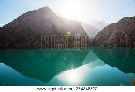 Beautiful serene lake in  Fann mountains (branch of Pamir) in Tajikistan.