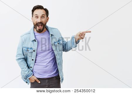 Adult Man Happy Like Child, Walking In Zoo With Wife. Portrait Of Amused And Excited Handsome Mature