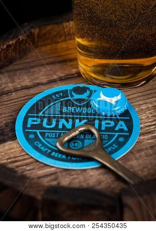 London, Uk - August 10, 2018: Brewdog Punk Ipa Beer Coaster With Bottle Top And Opener And Glass Of 
