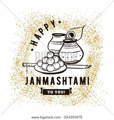 Happy Janmashtami. Vector Logo Design. Usable As Background, Banner, Greeting Card, T-shirt, Print. 