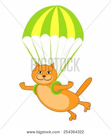 Happy Fat Ginger Cat Makes A Jump With Green And Yellow Parachute. Vector Color Cartoon Image.