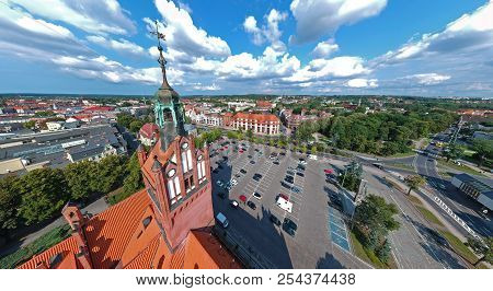 Aerial View On Panorama City, Old Town, City Center, Green City, Town Hall.