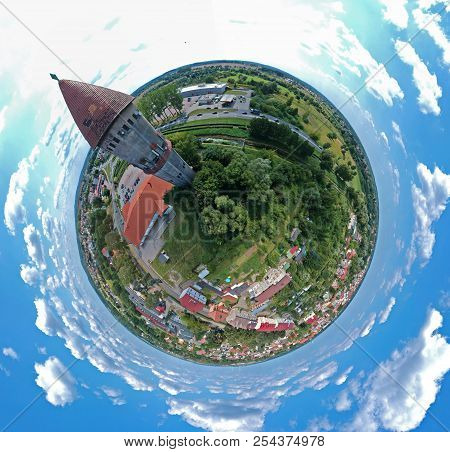 Aerial View On Spherical Panorama City, Old Town, Water Pressure Tower, Green City