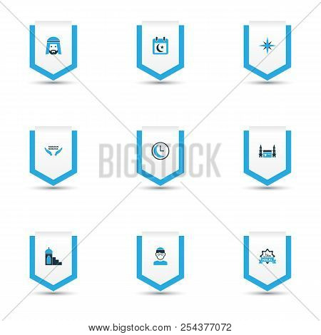 Religion Icons Colored Set With Muslim, Mimbar, Food And Other Time Elements. Isolated  Illustration