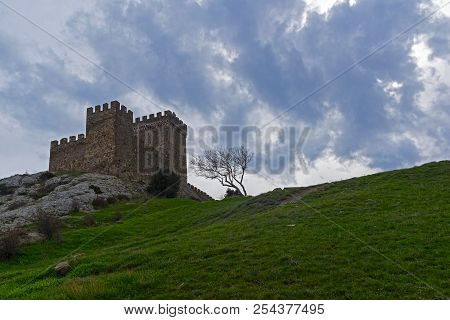 Genoese Fortress In Sudak, Crimea. Consular Castle And A Lonely Tree Against A Cloudy Sky. Early Apr