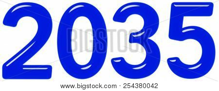 Inscription 2035 From Blue Glass Or Plastic, Isolated On White Background, 3d Render