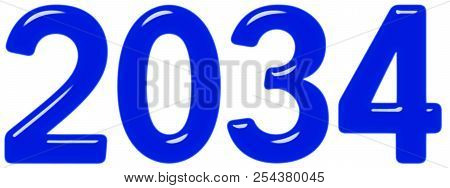 Inscription 2034 From Blue Glass Or Plastic, Isolated On White Background, 3d Render