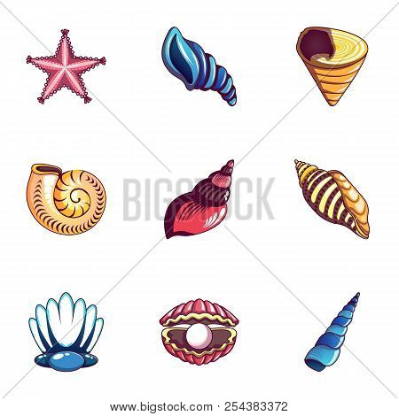 Cockleshell Icons Set. Cartoon Set Of 9 Cockleshell Vector Icons For Web Isolated On White Backgroun