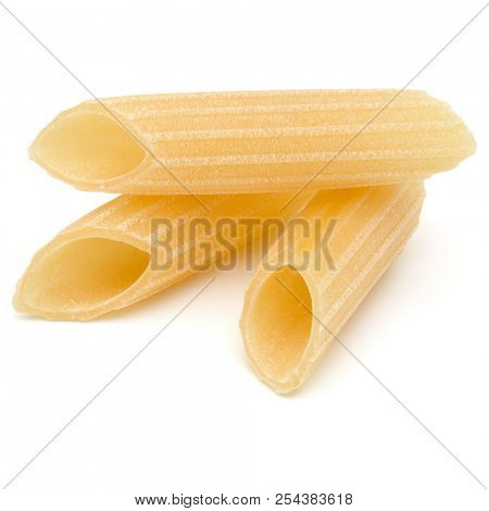 Italian pasta isolated on white background. Pennoni. Penne rigate.