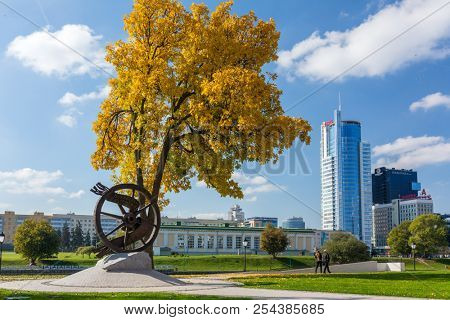 Minsk, Belarus - September 27, 2017: Monument to the Belarusians far from their homeland near the Trinity Suburb on the Svisloch Embankment