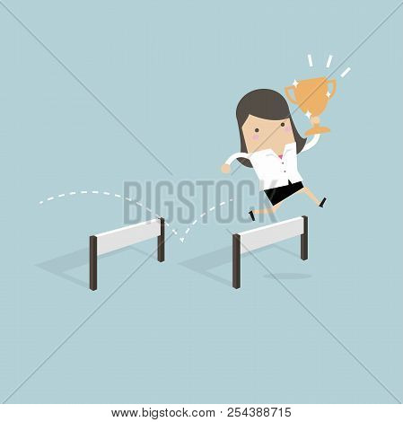 Businesswoman Jumping Over Obstacle And Holding Trophy. Vector