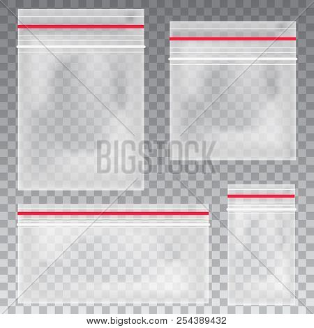 Empty Transparent Plastic Pocket Bags. Blank Vacuum Zipper Bag. Polythene Container Set On The Trans