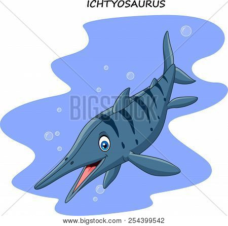 Vector Illustration Of Cartoon Smiling Ichthyosaurus On White Background