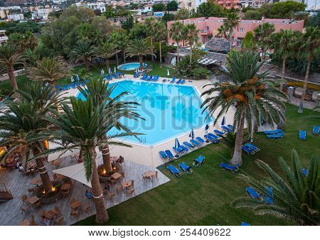 Malia. Crete, Greece - June 26, 2018: Swimming Pool At Luxury Hotel In Malia On Crete, Greece