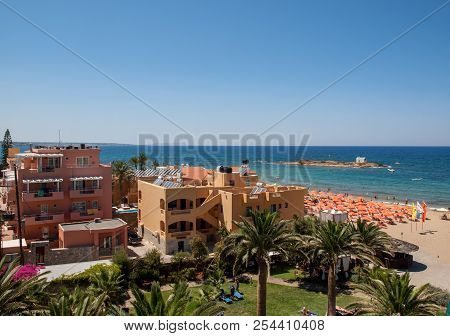 Malia. Crete, Greece - July 3, 2018: View Of Sandy Beach In Malia On Crete, Greece