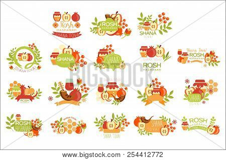 Rosh Hashanah Bright Postcard Labels Set Of Designs. Colorful Simple Holiday Logo Collection With Tr