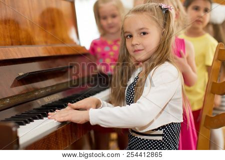 Belarus, Gomel, May 29, 2018. The Kindergarten Is Central. Open Day.child Plays The Piano.preschool 