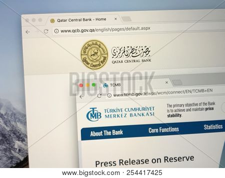 Amsterdam, Netherlands - August 20, 2018: Homepages Of The Qatar Central Bank And The Central Bank O