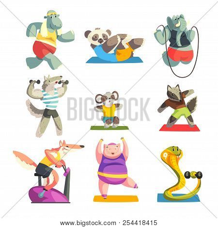 Cute Animals Wearing Uniform Doing Exercises Using Sports Equipment Set, Sportive Animal Characters,