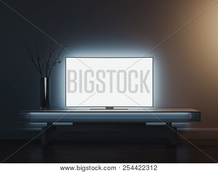 Close Up Of Tv Set Standing On Tv Stand, 3d Rendering.