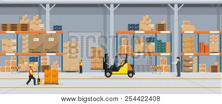 Warehouse Interior With Boxes On Rack And People Working. Flat Vector And Solid Color Style Logistic