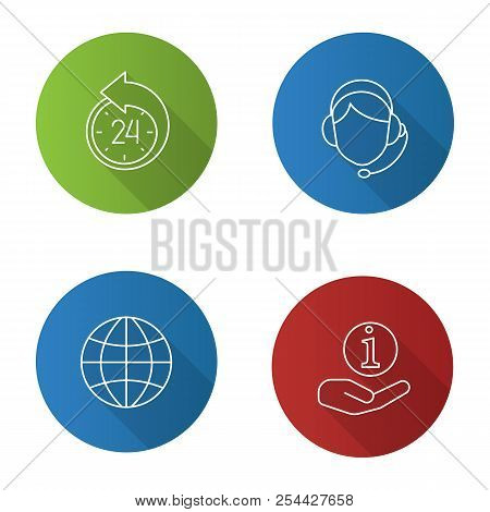 Information Center Flat Linear Long Shadow Icons Set. Reschedule, Globe, Helpdesk, Call Center Opera
