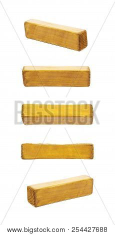 Hyphen Dash Symbol Sawn Of Wood And Paint Coated, Isolated Over The White Background, Set Of Five Di