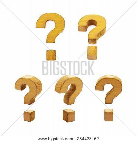 Question Mark Symbol Sawn Of Wood And Paint Coated, Isolated Over The White Background, Set Of Five 