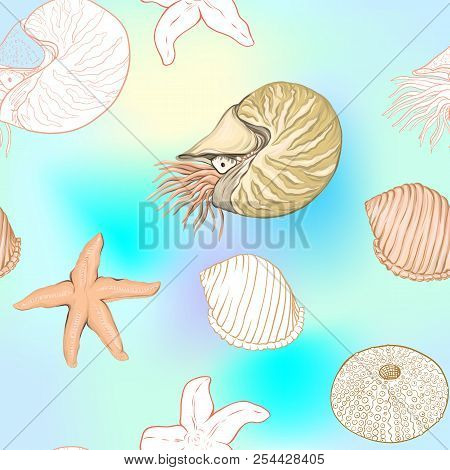 Sea World Seamless Pattern, Background With Fish, Corals And Shells On Blue And White Stripes Backgr