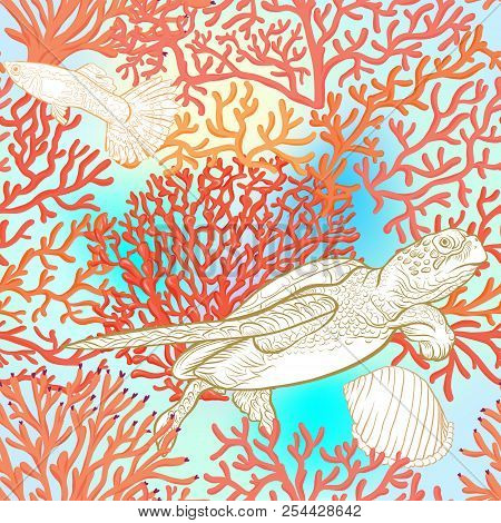 Sea World Seamless Pattern, Background With Fish, Corals And Shells On Blue And White Stripes Backgr