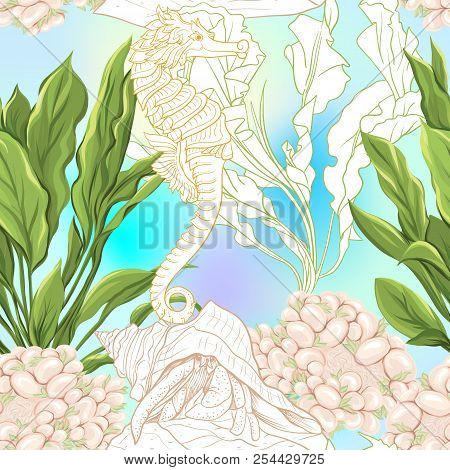 Sea World Seamless Pattern, Background With Fish, Corals And Shells On Blue And White Stripes Backgr
