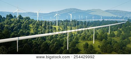 3d Rendering Of High Speed Traveling Technology And Wind Turbines In Forest Landscape.