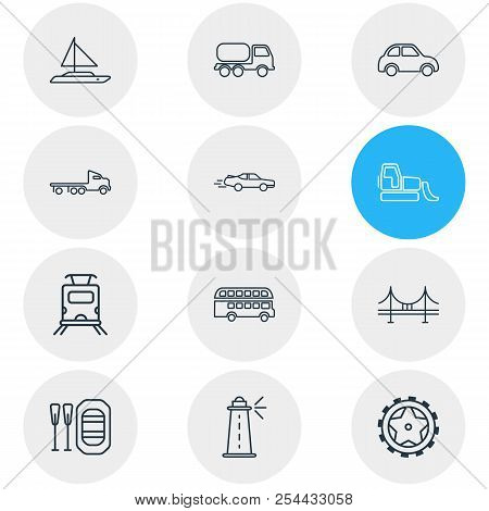 Vector Illustration Of 12 Carrying Icons Line Style. Editable Set Of Double Decker Bus, Subway Train