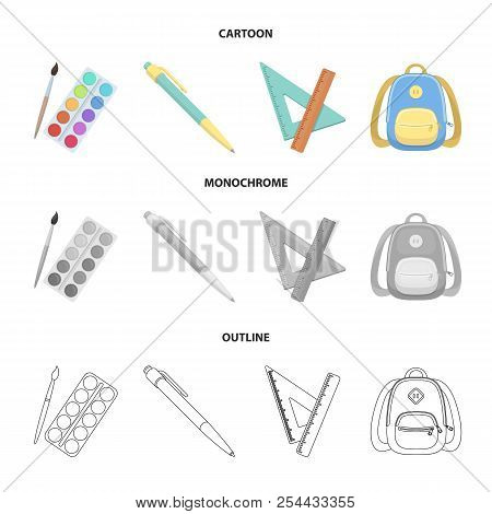 Multicolored Paints With A Tassel, Pen, Triangle And Ruler, Satchel, Briefcase. School And Education