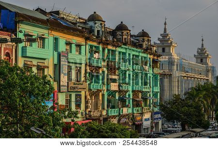 Yangon, Myanmar - Feb 1, 2017. Old Apartments In Yangon, Myanmar. Yangon Is Myanmar Largest City And