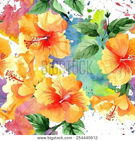 Watercolor Orange Naranja Hibiscus Flowers. Floral Botanical Flower. Seamless Background Pattern.