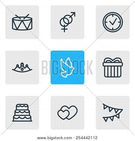 Vector Illustration Of 9 Events Icons Line Style. Editable Set Of Drums, Crown, Heart And Other Icon